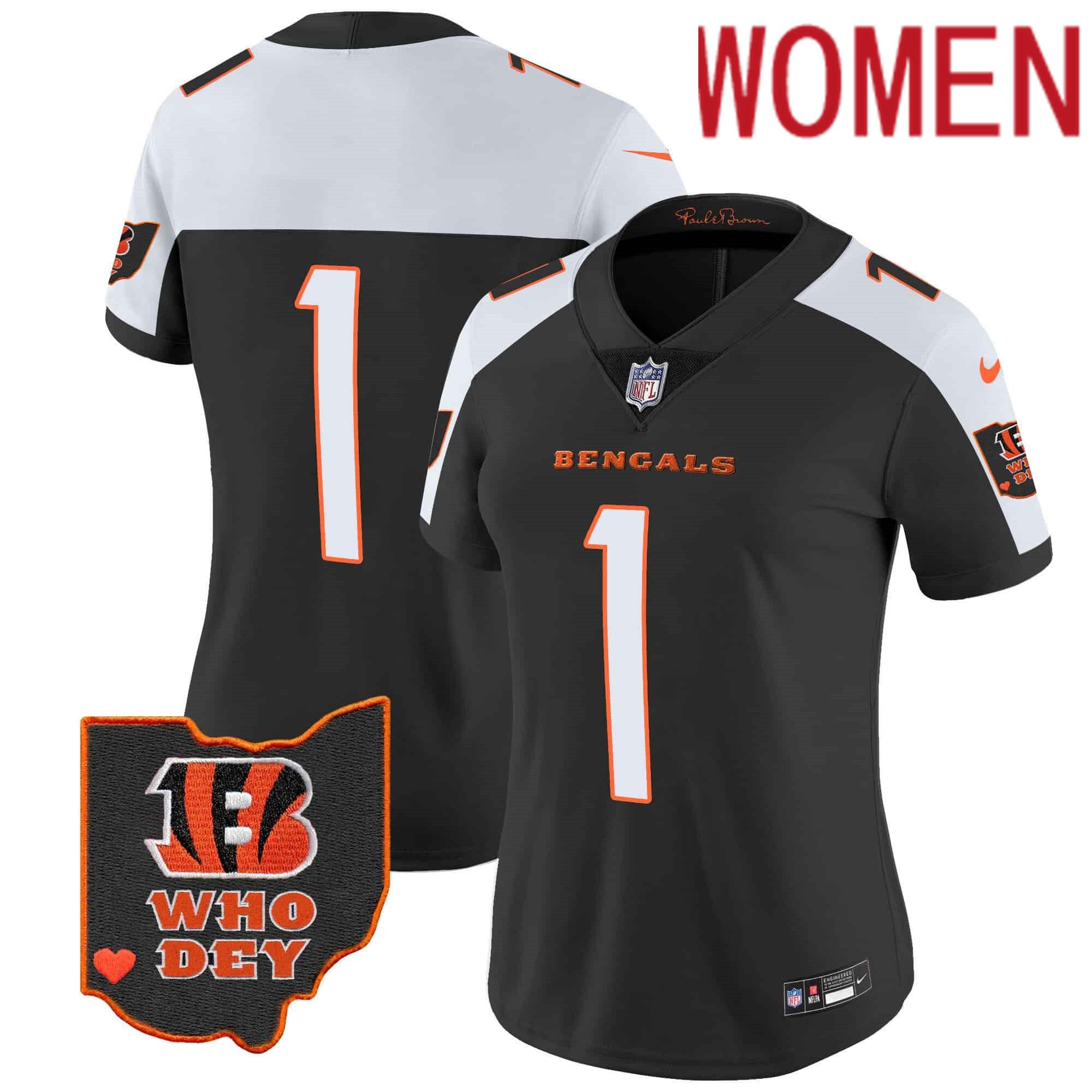 Women Cincinnati Bengals #1 Chase Black 2024 Nike Patch Vapor Limited NFL Jersey style 1